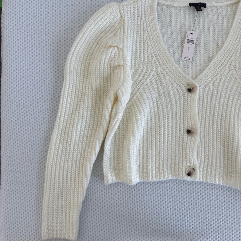 Anthropologie Current Air Women's Ivory Knit Puff Sleeve Cardigan Sweater NEW - Picture 5 of 8